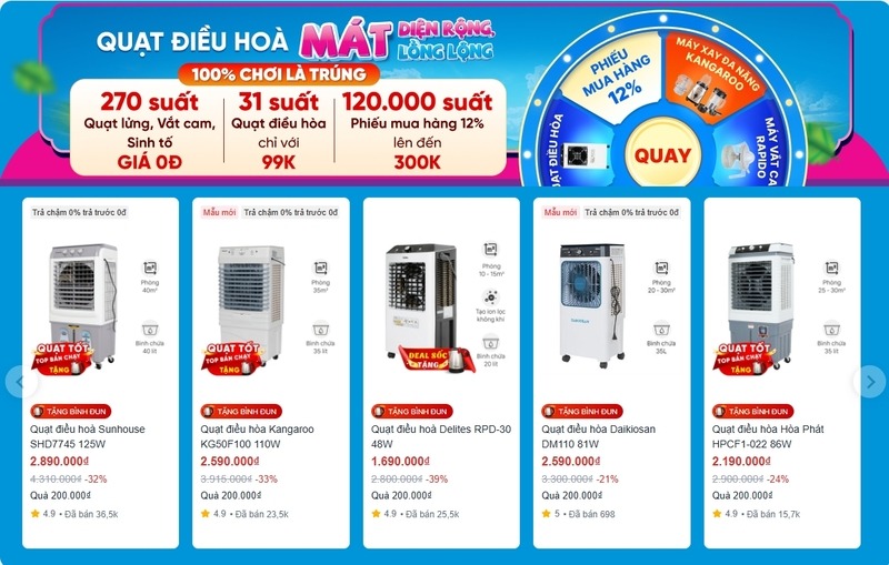 Giá quạt hơi nước tại Điện Máy Xanh dao động theo thương hiệu, công suất và chương trình khuyến mãi 