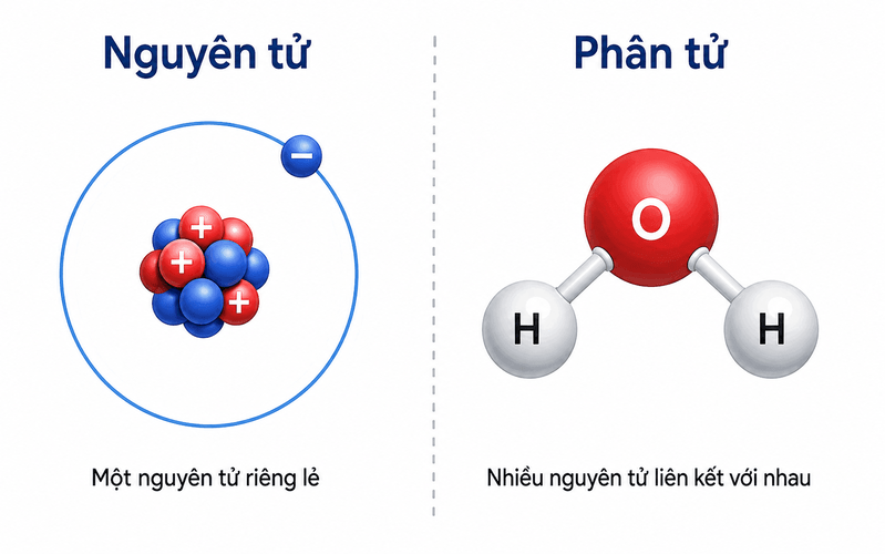 Nguyên tử là hạt nhỏ nhất của nguyên tố, còn phân tử là tập hợp một hoặc nhiều nguyên tử liên kết tạo thành chất. 