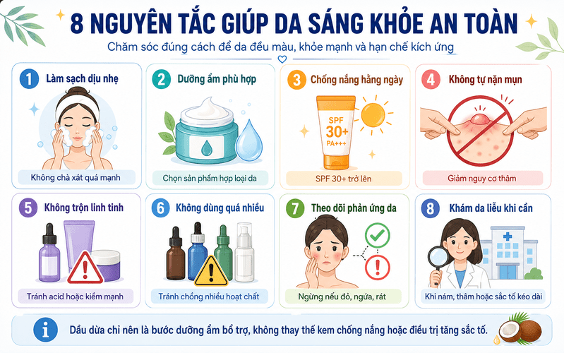 Làn da sáng khỏe phụ thuộc vào quy trình ổn định, chống nắng tốt và hạn chế những thử nghiệm gây kích ứng.