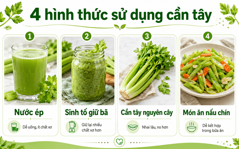 Ăn nguyên cây hoặc xay giữ bã thường cung cấp nhiều chất xơ và tạo cảm giác no tốt hơn nước ép.