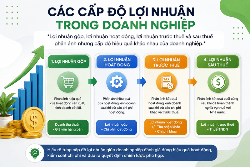 Lợi nhuận gộp, lợi nhuận hoạt động, lợi nhuận trước thuế và sau thuế phản ánh những cấp độ hiệu quả khác nhau của doanh nghiệp. 