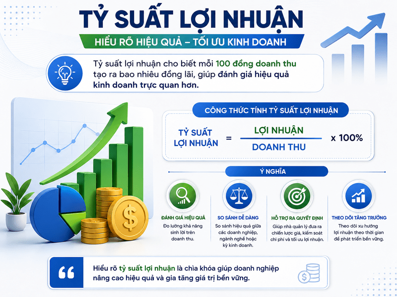 Tỷ suất lợi nhuận cho biết mỗi 100 đồng doanh thu tạo ra bao nhiêu đồng lãi, giúp đánh giá hiệu quả kinh doanh trực quan hơn. 