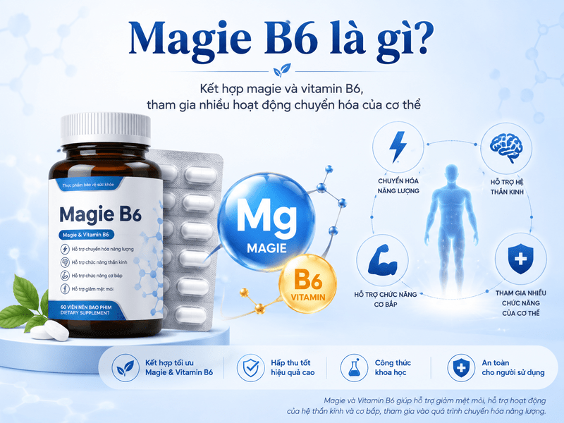 Magie B6 kết hợp magie và vitamin B6, tham gia nhiều hoạt động chuyển hóa của cơ thể
